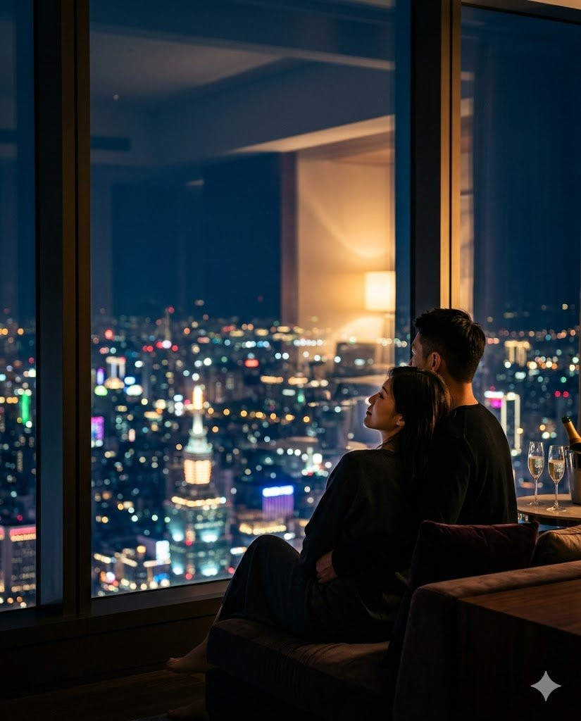 A couple gazing at Taipei's night skyline together