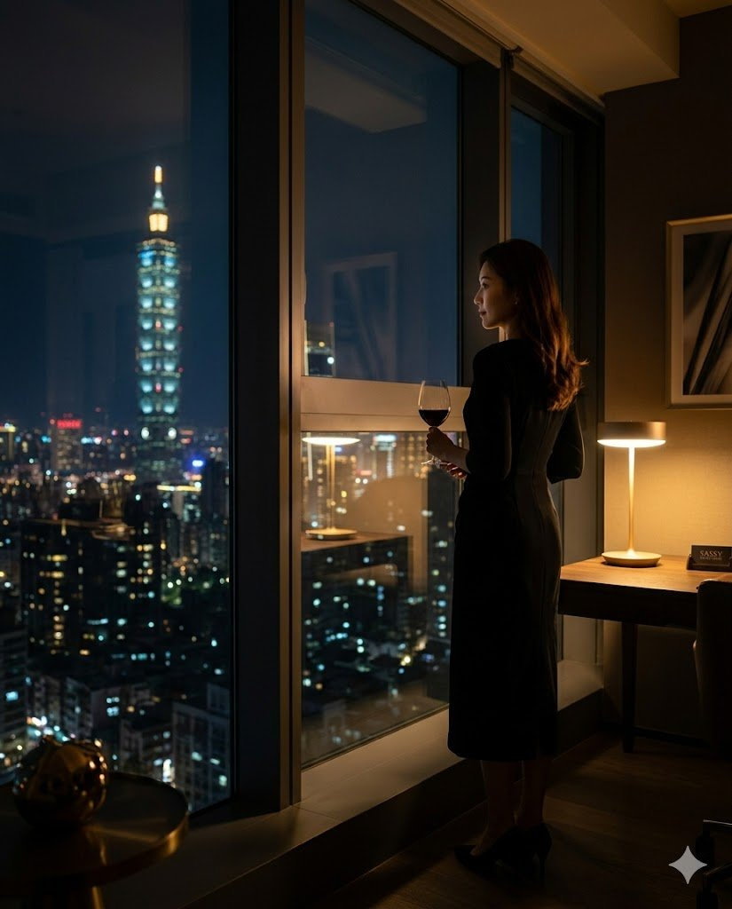 Independent woman looking out at Taipei's night skyline